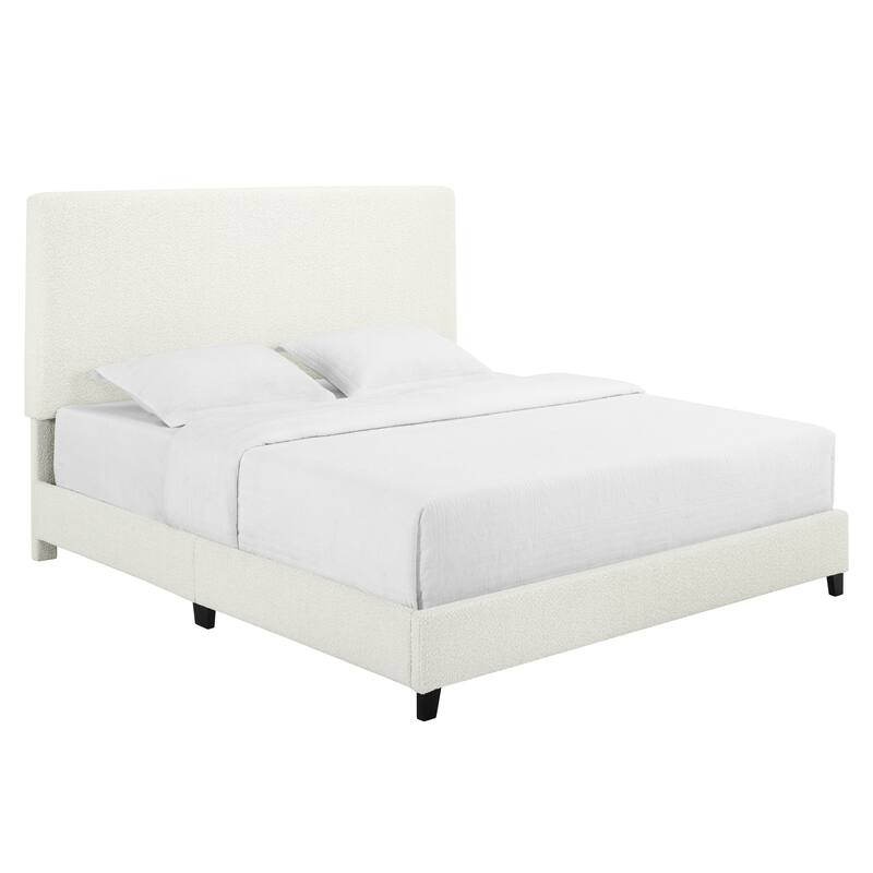 White Boucle Upholstered King Size Platform Bed with Padded Headboard