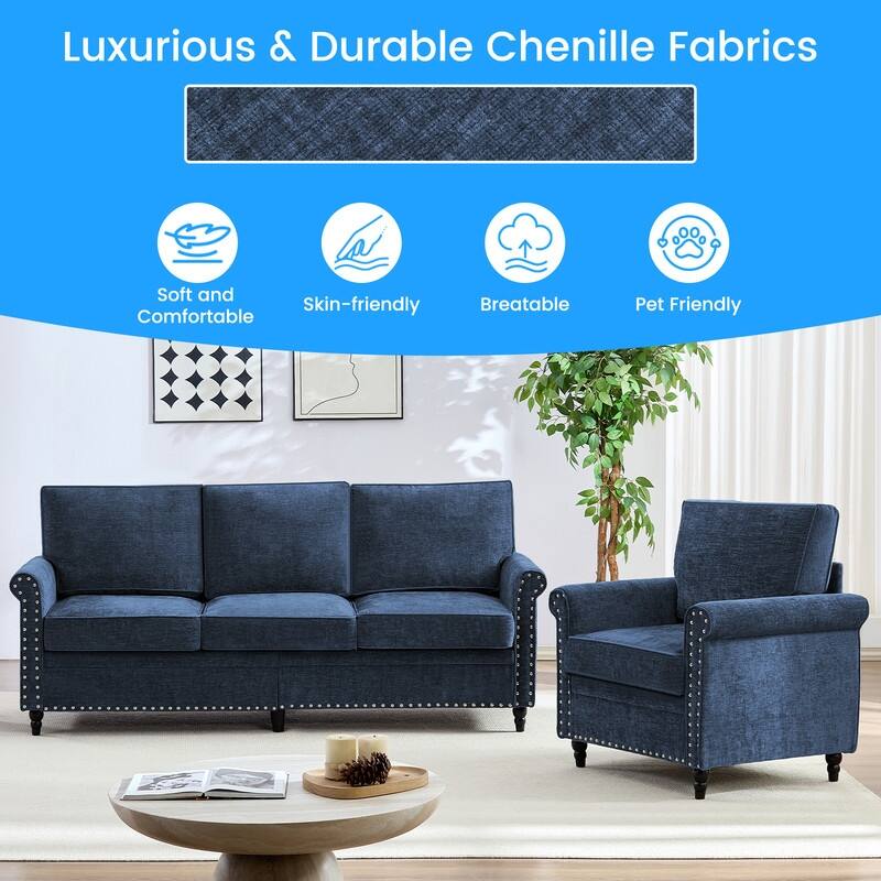 Mixoy Chenille Fabric 3-Seater Sofa Couch with Single Sofa Chair with Rivet Design,Solid Wood Gourd Legs for Living Room - 3+1