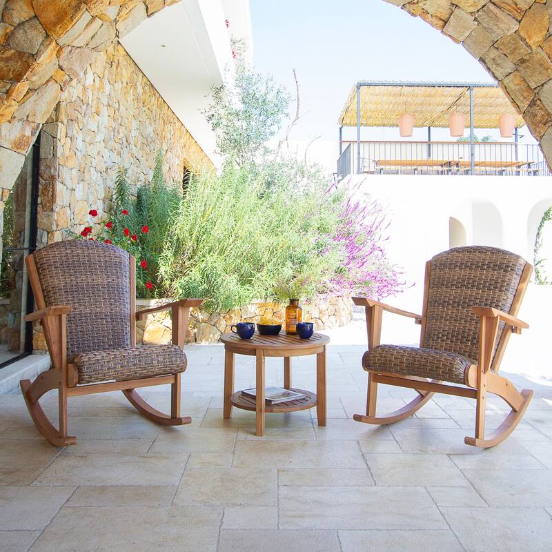 Cambridge Casual Camden 3-Piece Teak Wood Outdoor Rocking Chair Set with Padded Woven Seat - Teak Wood/Brown Wicker