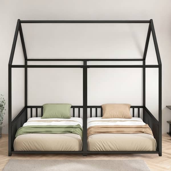 slide 2 of 20, Twin Size House Platform Kids Beds Frame with Guardrails, Two Shared Beds for Bedroom, Safety Guaranteed, Easy Assembly, Black