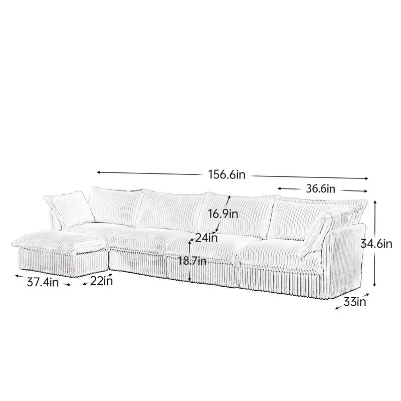 GDFStudio - Slipcovered 4-Seater 156.6" L-Shaped Corduroy Sectional Sofa with Ottoman