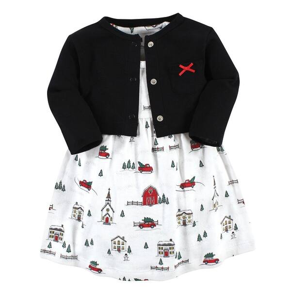 slide 1 of 1, Hudson Baby Baby Girls Cotton Dress and Cardigan Set, Christmas Scene 0-3 Months - Christmas Scene