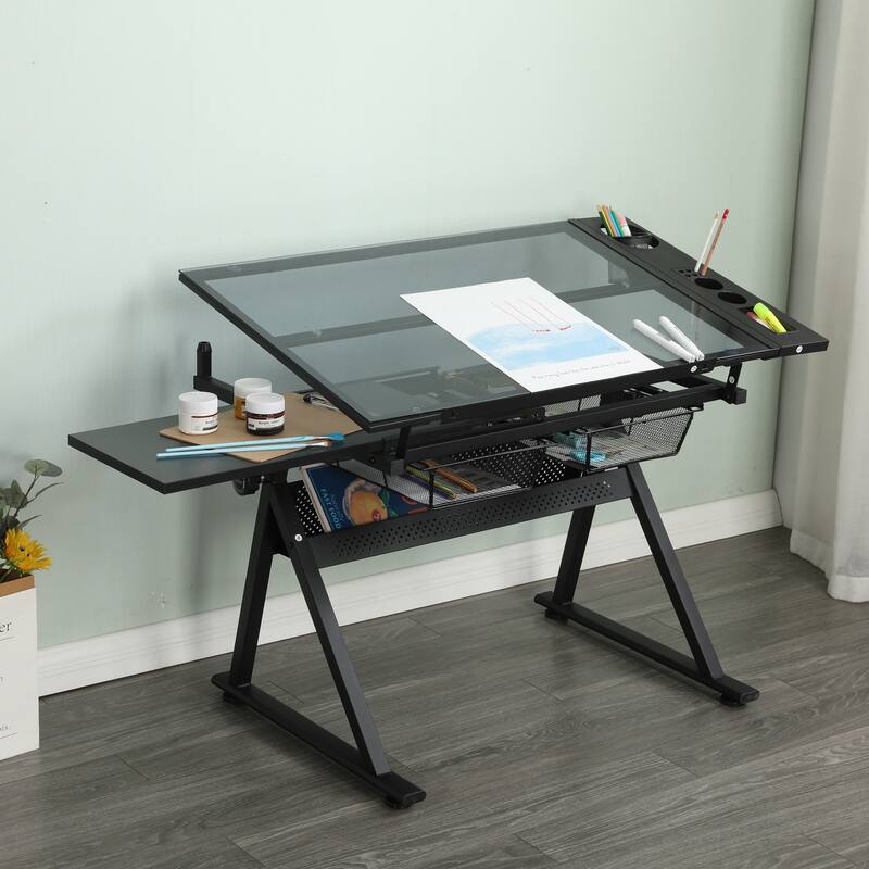 black adjustable tempered glass drafting printing table with chair