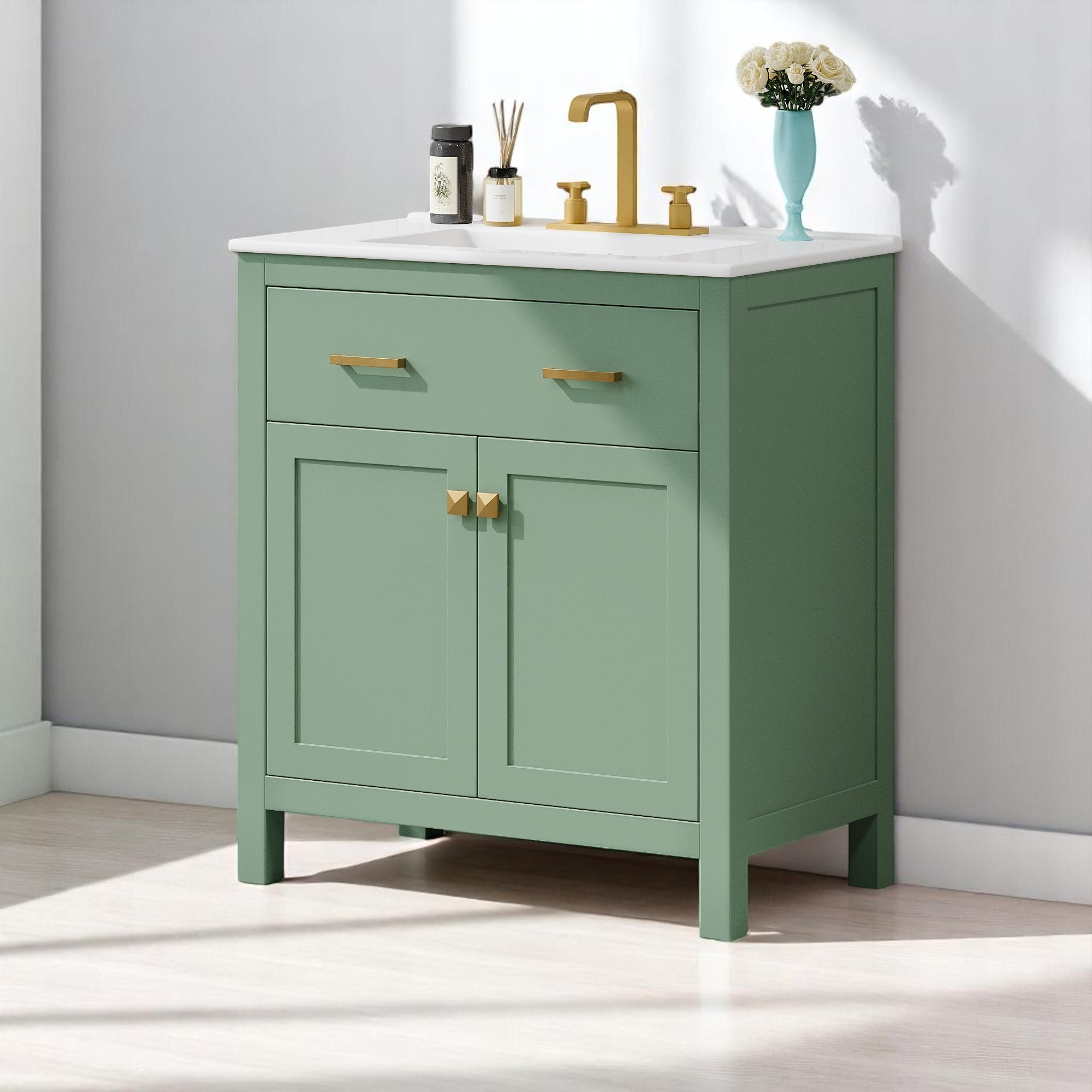 30" Modern Bathroom Vanity with Ceramic Sink, Soft-Close Doors, Flip-Out Drawer & Adjustable U-Shaped Shelf