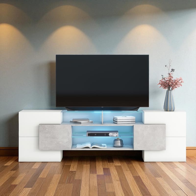 79 Inch Modern White TV Stand with High Gloss Finish, LED Glass Shelves, Storage Cabinets, Media Console for TVs Up to 88 Inch - White Grey