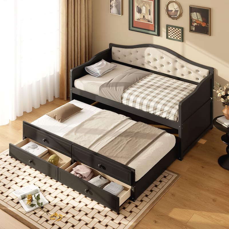Twin Daybed with Trundle, Twin Size Daybed with 2 Storage Drawers, Wooden Sofa Bed with Upholstered Button Tufted Backrest - Black
