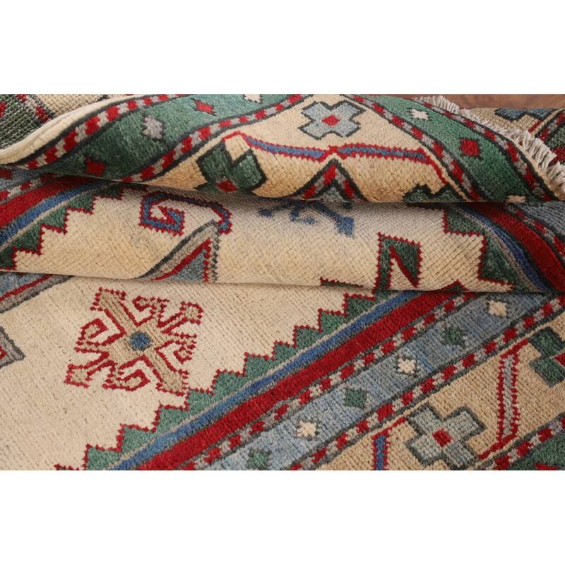 Ivory Geometric Kazak Accent Rug Hand-Knotted Wool Carpet - 3'5" x 5'0"