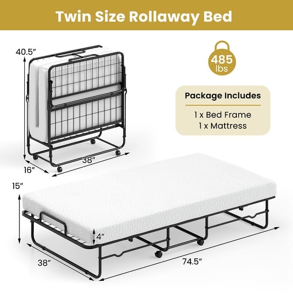 White Memory Foam Twin Folding Bed with Black Metal Frame and Wheels