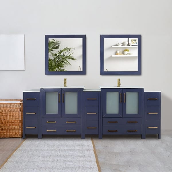 slide 1 of 23, Vanity Art 96" Double Sink Bathroom Vanity Set 13 Dove-Tailed Drawers 5 Cabinets 2 Shelves, Soft-Closing Doors with Free Mirror Blue