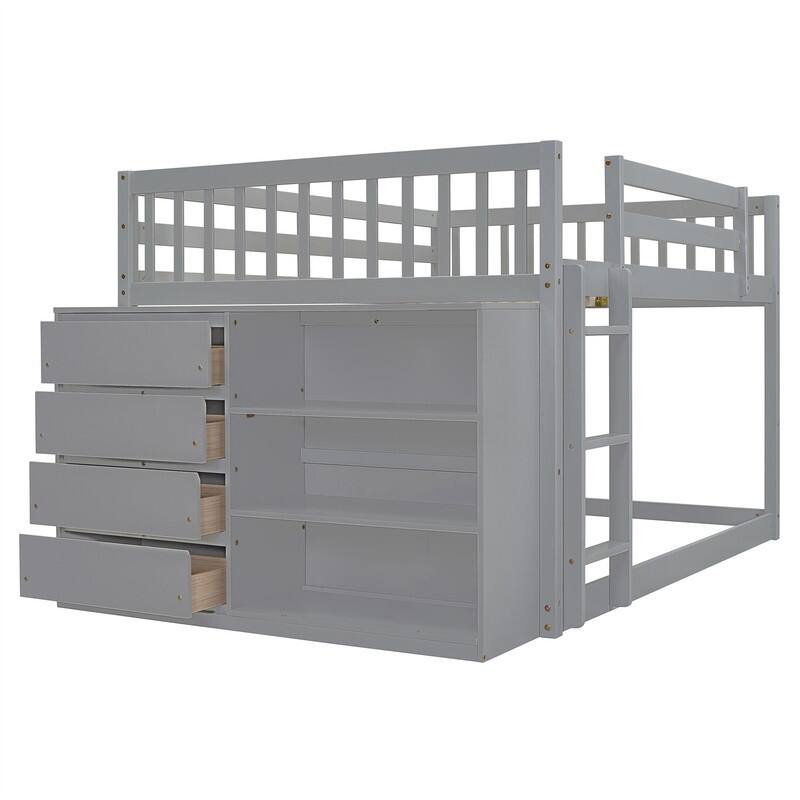 Twin Over Twin/Full Over Full Floor Bunk Bed with Drawers and 3 Storage Shelves, Solid Wood Low Bunk Bed Frame with Ladder