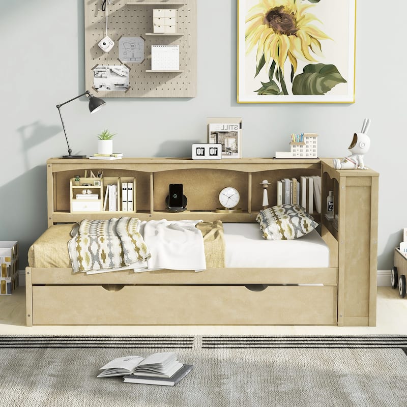 Roomfitters Twin Daybed with Pull-Out Trundle, Storage Cabinets and USB Charging Ports, Wood