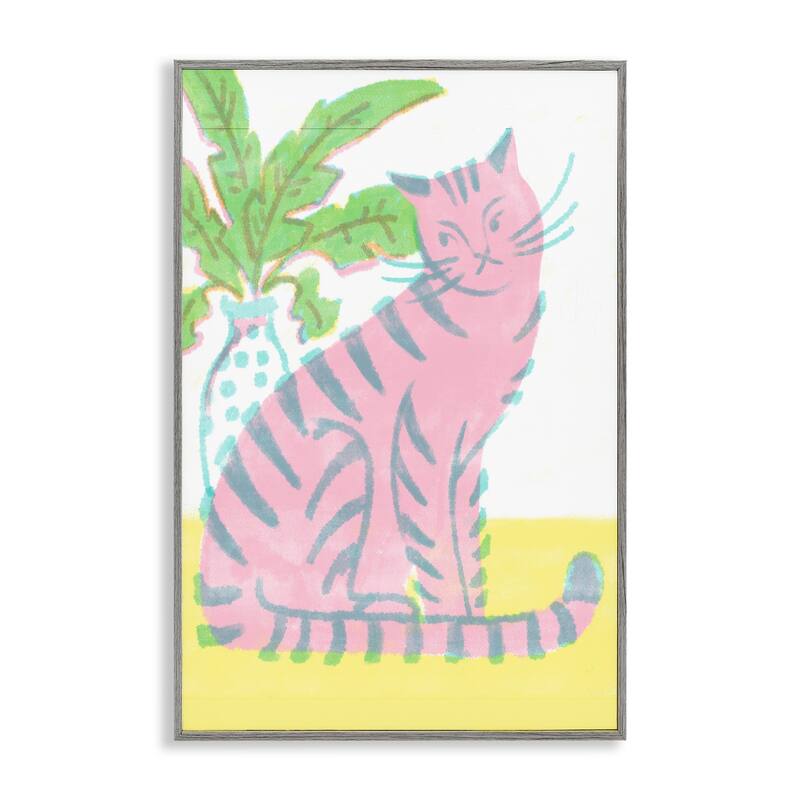 Stupell Modern Pink Cat & Plant Framed Giclee Art Design By Hannah Moren - 16 x 24 - Grey
