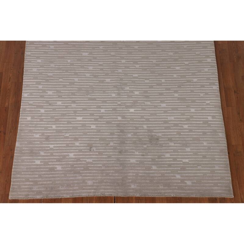 Beige Striped Nepalese Oriental Area Rug Hand-Knotted Wool Carpet - 5'10" x 8'8"