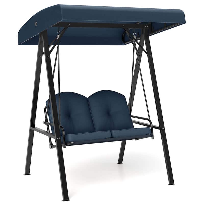2-Person Porch Swing Outdoor Loveseat Swing w/ Canopy & Metal Frame - Navy