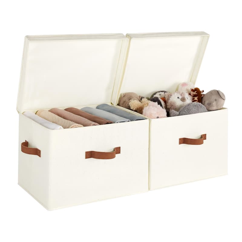 2-Pack Closet Storage Bin with Lid and Handle, Large Fabric Storage Box for Clothes, Towels, Toys, Shoes - Large - Beige