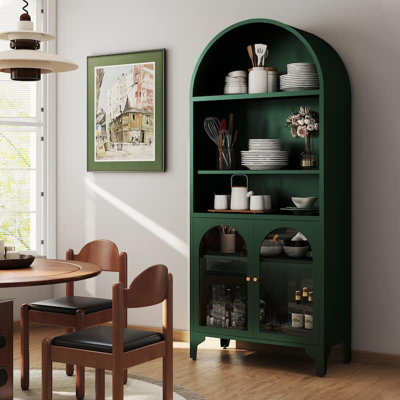 73.6-Inch Arched Metal Storage Display Cabinet with Adjustable Shelves