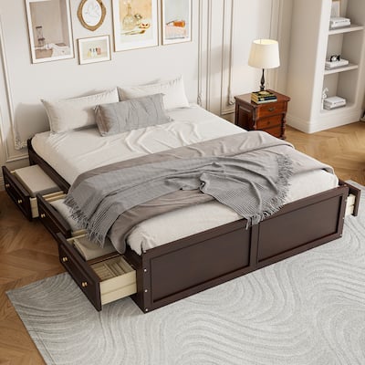 Queen Size Solid Wood Platform Bed with 6 Storage Drawers - No Box Spring Needed
