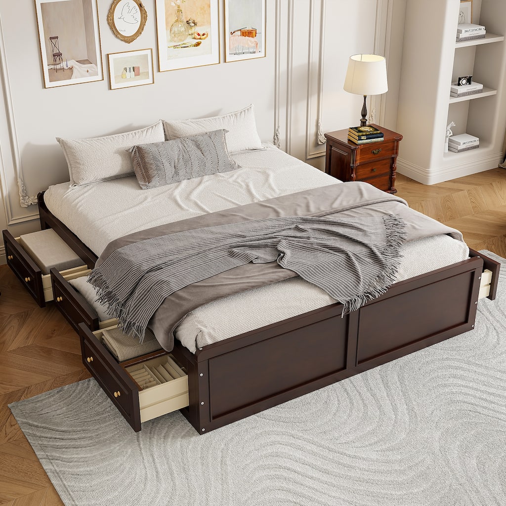 Queen Size Wood Platform Bed Frame with 6 Storage Drawers in Espresso Finish