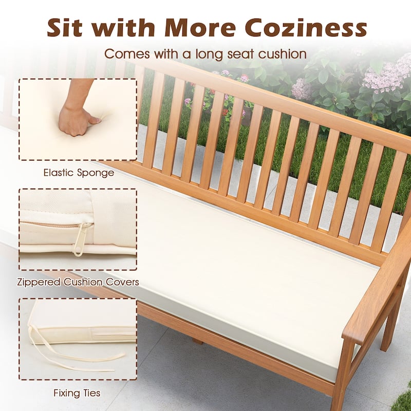 3-Seater Solid Acacia Wood Outdoor Bench with Off-White Cushion and Inclined Backrest - 64"L x 24"W x 31"H