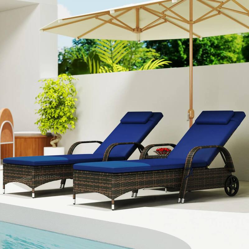 3PCS Wicker Chaise Lounge Set,Adjustable Rattan Chairs,Cushions,Table