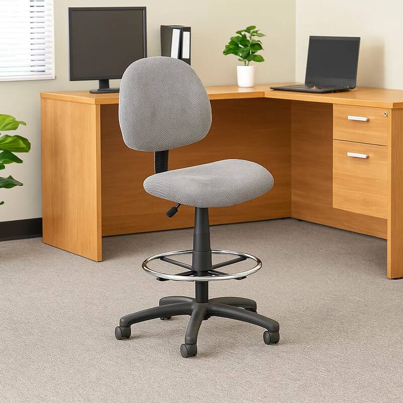 Jea Drafting Stool Chair, Gray Tweed, Contoured Back and Footring