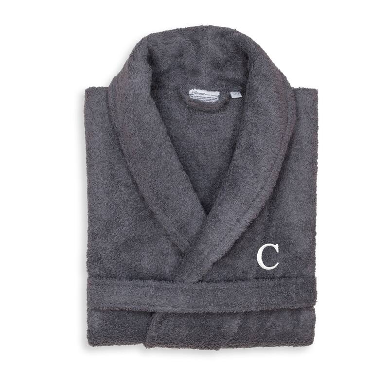 Authentic Hotel and Spa Unisex Grey Turkish Cotton Terry Bath Robe with White Block Monogram - L/XL - C
