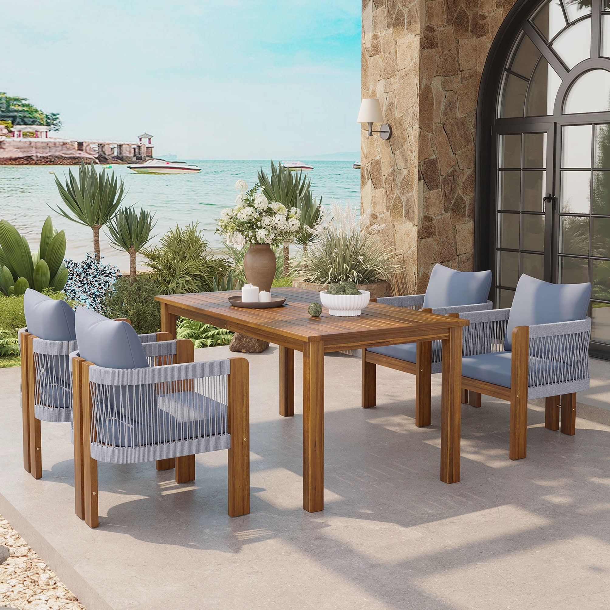 5-Piece Outdoor Patio Dining Set for 4, Solid Acacia Wood Dinning Set