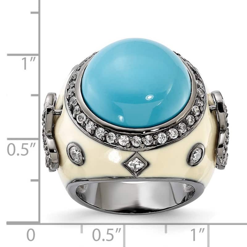 Curata Black Plated 925 Sterling Silver Enamel Simulated Turquoise and Cubic Zirconia Ring