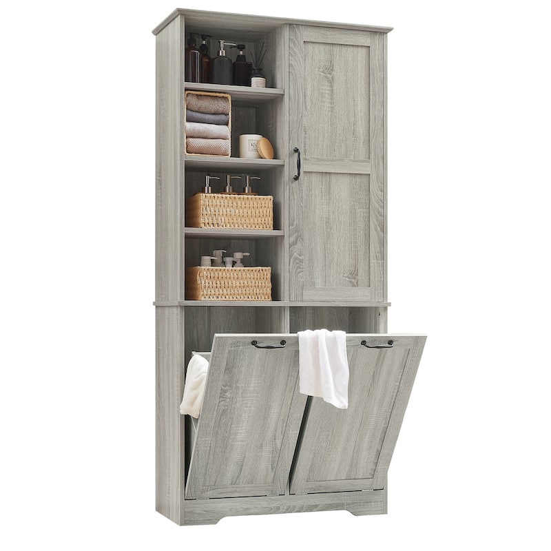 Bathroom Cabinet with Doors and Drawers,Tilt-Out Laundry Hamper,Multiple Space,Freestanding Style,Open Shelve, Adjustable Shelf