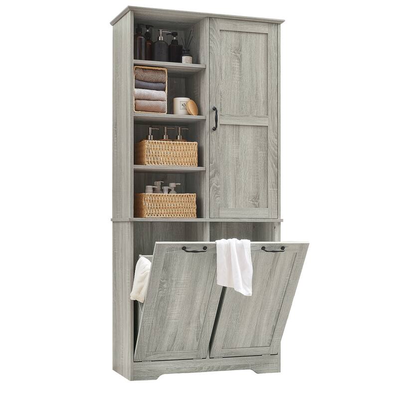 Roomfitters 68" Tall Bathroom Storage Cabinet with Dual Tilt-Out Laundry Hampers, Open Shelves & Adjustable Storage