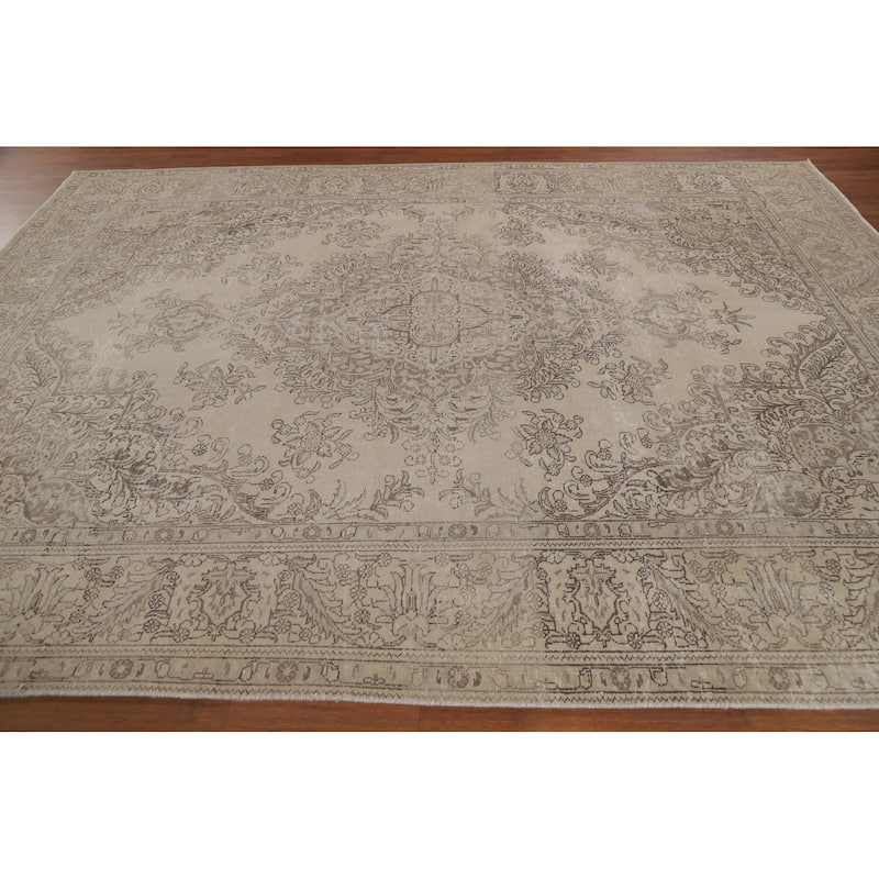 Distressed Tabriz Persian Vintage Beige Rug Hand-knotted Wool Carpet - 8'4" x 10'10"