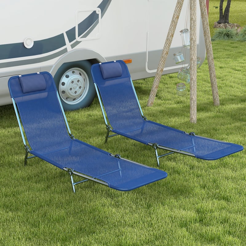 Outsunny 2 Piece Folding Chaise Lounge Chairs, Pool Sun Tanning Chairs, Outdoor Lounge Chairs with 6-Position Reclining Back - Blue