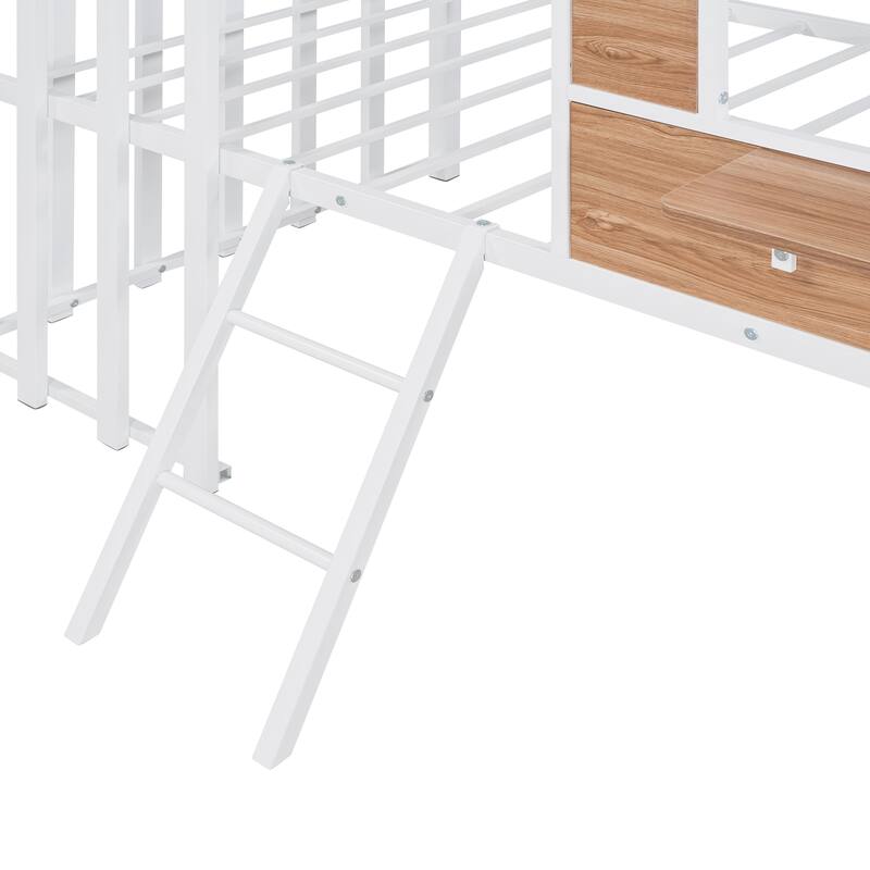 White Metal Twin Loft Bed with Roof, Window & Guardrail - 300LBS Capacity
