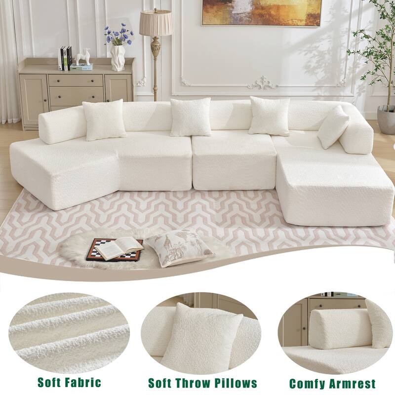 140" L-Shape Boucle Modular Sectional Sofa with Chaise and 4 Pillows