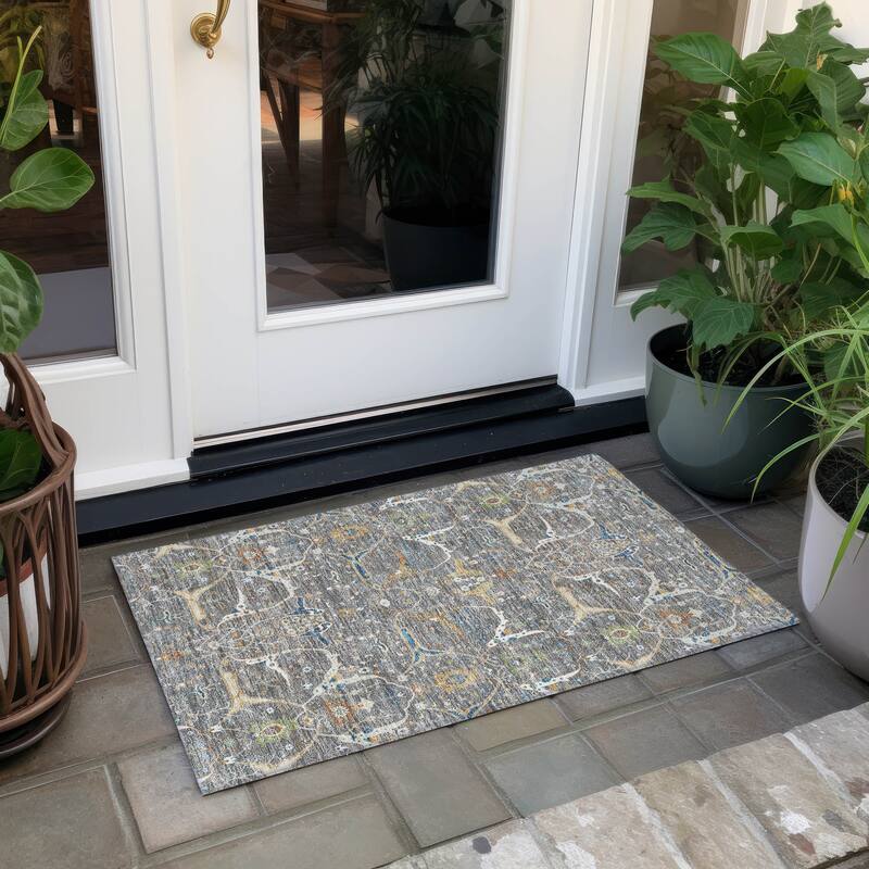 Machine Washable Indoor/ Outdoor Traditional Persian Chantille Rug - Gray - 1'8" x 2'6"