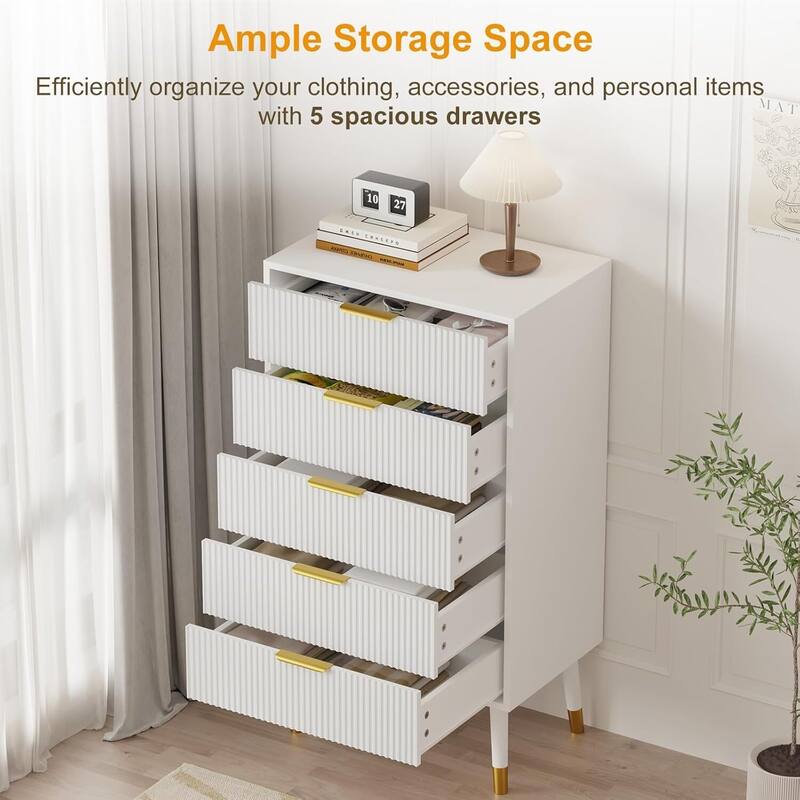 Modern 5 Drawer Dresser, Chest Cabinet Nightstand for Bedroom, Living Room