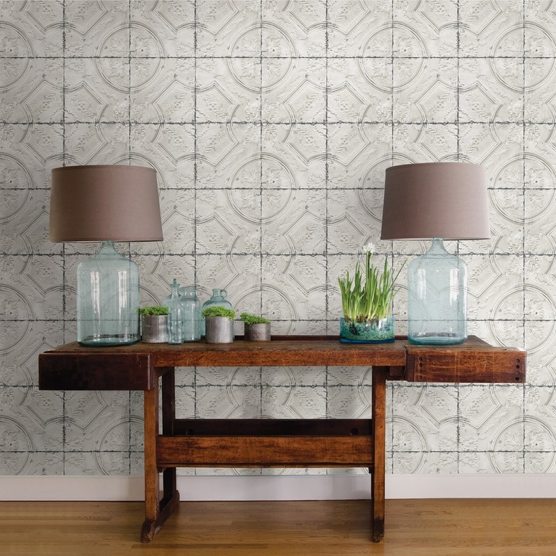 Chesapeake Susanna Off-White Vintage Tin Tile Wallpaper - 20.5in x 396in x 0.025in