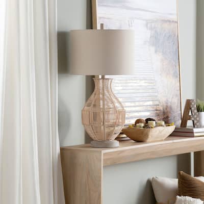 Jayce 3-Way Rattan Table Lamp with Oat Linen Lamp Shade