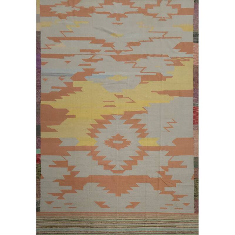 Hand Woven Oriental 100% Wool Carpet Southwestern Modern Greys & Charcoal Kilim Area Rug - 14' 1'' X 11' 1''