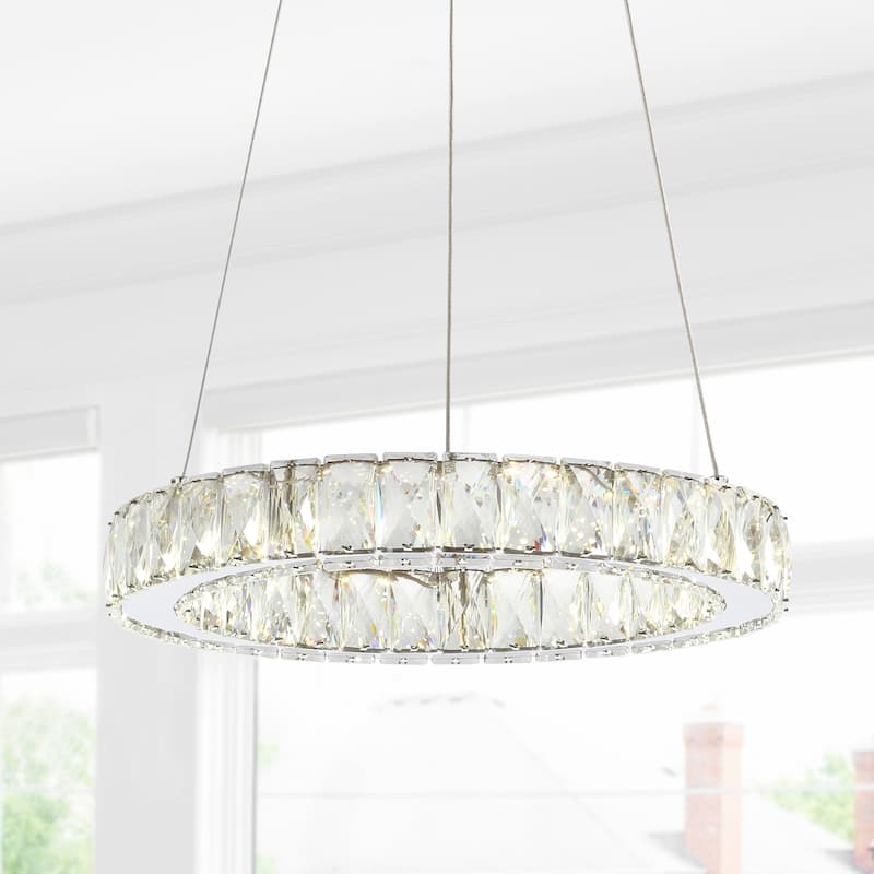 Alexia 15.7" Adjustable Integrated LED Metal/Crystal Pendant Pendant, Chrome/Clear by JONATHAN Y - Chrome/Clear
