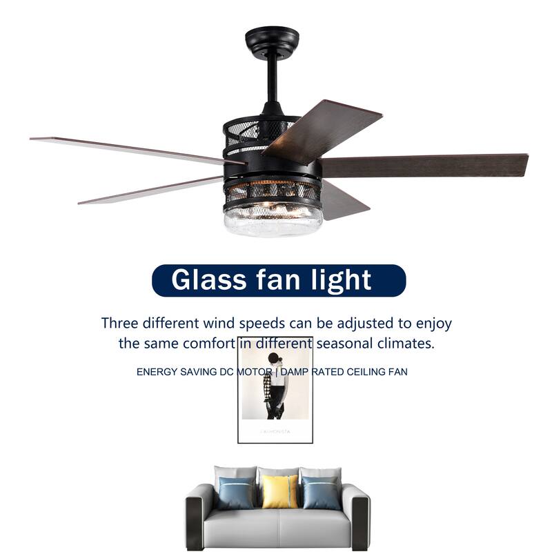 52-inch 5-blade Lighted Ceiling Fan with Remote Control,Glass Shade (Optional Remote) --Matte Black