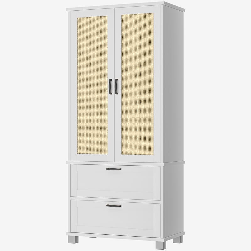 Rattan Door Pantry Storage Cabinet with Wine Rack - Freestanding Storage Organizer with Anti-Tip