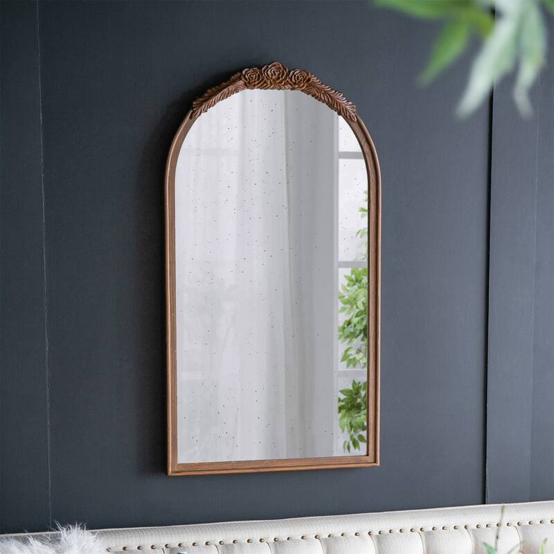 23" x 42" Hand Carved Rose Antique Wood Arch Wall Mirror