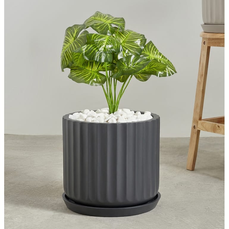 Indoor/Outdoor Large 1-piece Nordic Minimalist Fiberstone Lightweight Round Planter Pot With Grooves Saucer - 16, 13, 11 in - 10.25 In. H X 11.5 In. W X 11.5 In. L - Charcoal