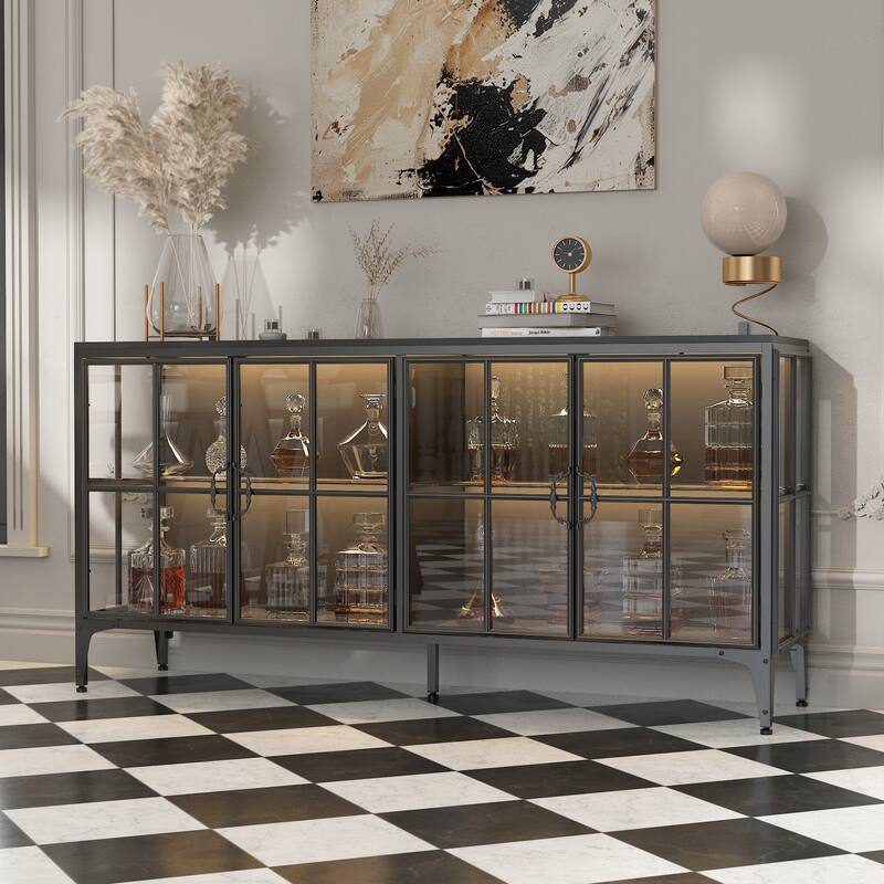 63" Black Glass Door Sideboard Cabinet with LED Lights, Metal Frame Storage Buffet Cabinet Wine Cabinet