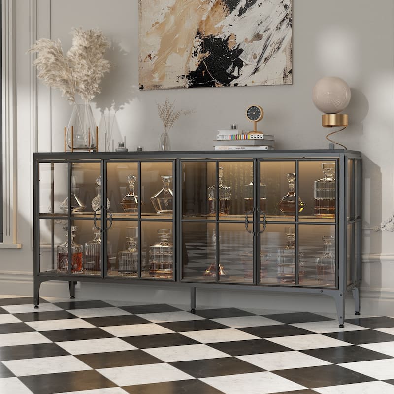 Buffet LED Light Industrial Glass Sideboard with Metal Frame and Tempered Glass Doors