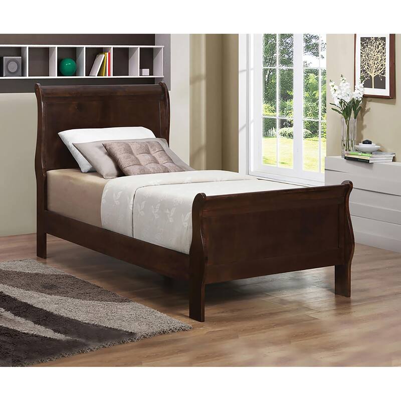 Twin Size Wood Sleigh Bed with Curved Headboard and Footboard - Brown