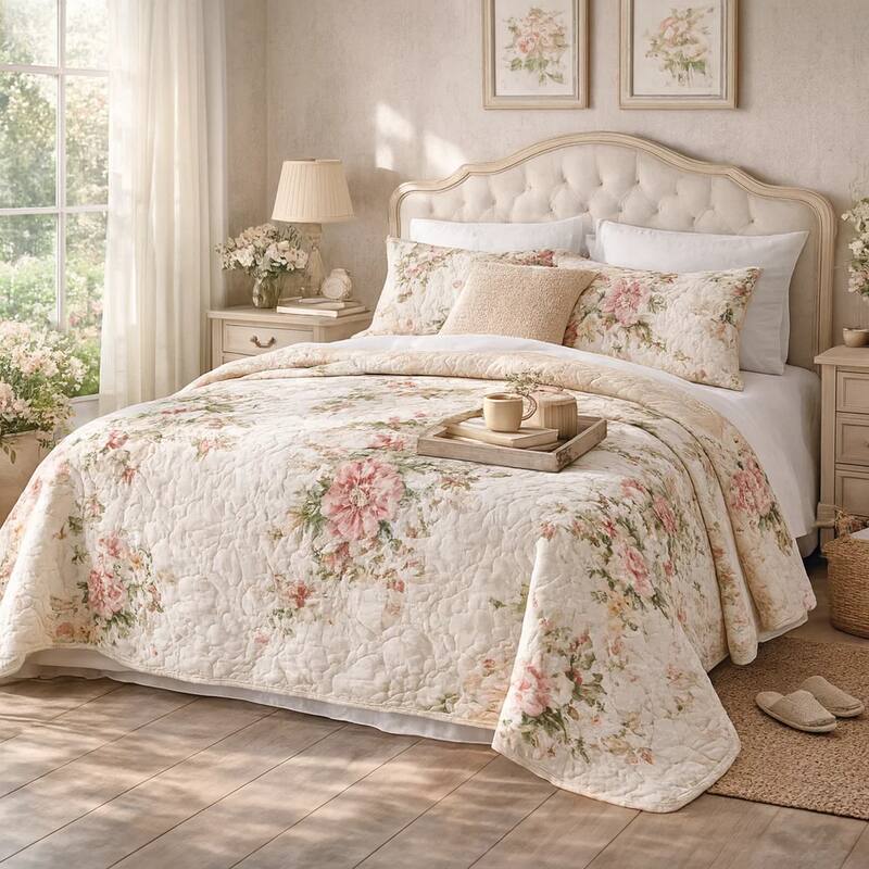 Givi Throw Blanket with Unique Floral Pattern, Buttercup Beige Cotton