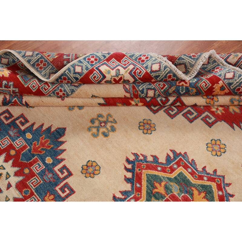 Hand Knotted Oriental 100% Wool Carpet Traditional Geometric Beige & Ivories Kazak Area Rug - 11' 0'' X 7' 9''
