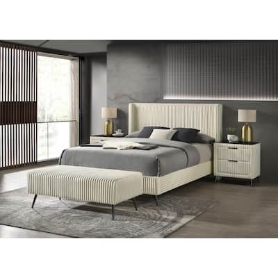 Roundhill Furniture Mavela Wide Wale Corduroy Upholstery Panel Bed with 2 Nightstands and Bench, Cream